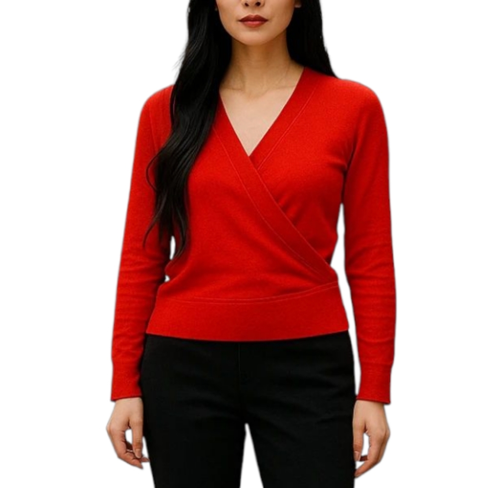 J. Crew Red V-Neck Classic Knit Wrap Style Top In Red Size Small ♥️